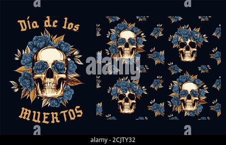 Teschio metallico con corona floreale di rose dorate, illustrazione vettoriale del giorno della dia morta De Muertos in lingua spagnola per la celebrazione del poster di concetto Illustrazione Vettoriale