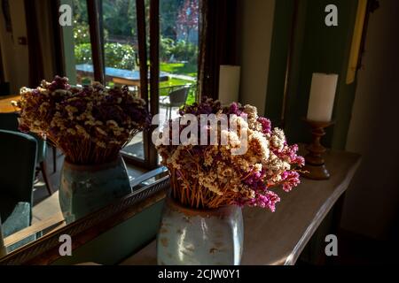 Specchio con riflesso di fiori secchi. Un bouquet colorato di fiori secchi si trova in un vaso. Un bouquet di fiori si riflette nello specchio. Fiori Foto Stock
