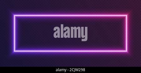 Cornice rettangolare con gradiente al neon, bordo luminoso blu-rosa isolato su sfondo scuro. Banner notturno colorato. Illustrazione Vettoriale