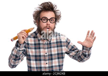 Uomo pazzo bearded con matita grande Foto Stock