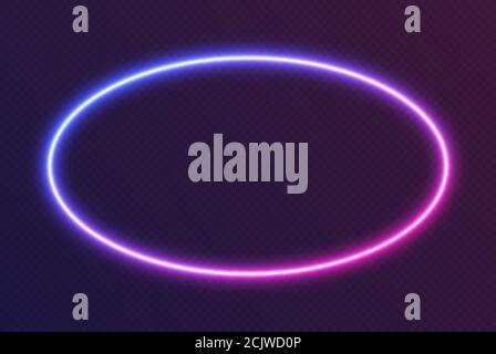 Ellisse al neon gradiente, bordo ovale blu-rosa brillante isolato su sfondo scuro. Banner notturno colorato Illustrazione Vettoriale