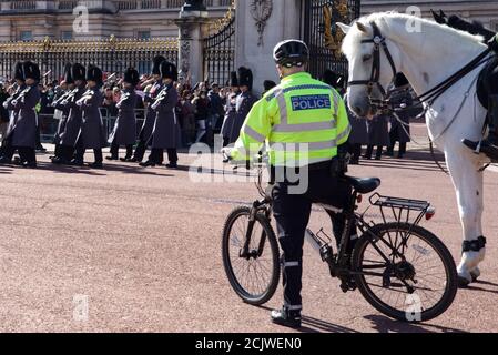 Cavallo di polizia che si tingono fuori ad un poliziotto su una bicicletta, Buckingham Palace, Londra Foto Stock