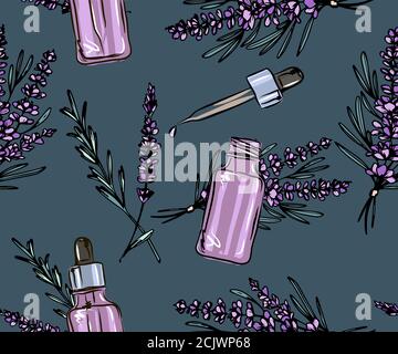 Lavanda bottiglia di olio essenziale e mazzo di fiori disegnati a mano illustrazione vettoriale. Disegno isolato per il trattamento di Aromatherapy, medicina alternativa, Illustrazione Vettoriale