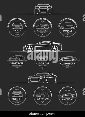 Set di etichette per servizi di auto sportive, badge, emblemi ed elementi di design in stile vintage Illustrazione Vettoriale