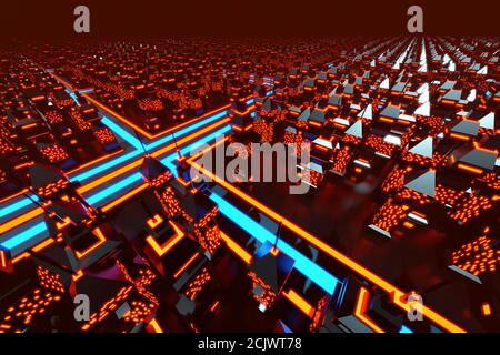 Illustrazione in 3D di una città di giochi per computer classica nello stile degli anni '80. Foto Stock