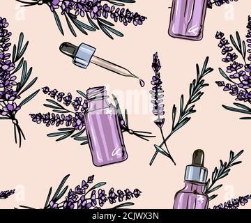 Lavanda bottiglia di olio essenziale e mazzo di fiori disegnati a mano illustrazione vettoriale. Disegno isolato per il trattamento di Aromatherapy, medicina alternativa, Illustrazione Vettoriale