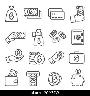 Icone della linea di denaro impostate su sfondo bianco Illustrazione Vettoriale