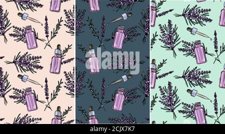 Lavanda bottiglia di olio essenziale e mazzo di fiori disegnati a mano illustrazione vettoriale. Disegno isolato per il trattamento di Aromatherapy, medicina alternativa, Illustrazione Vettoriale