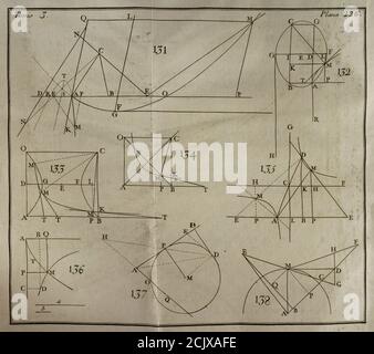 "Elementos de Matematica", dell'architetto e matematico spagnolo Benito Bails (1730-1797). Illustrazioni di calcolo trigonometrico. Incisione. Volume III, che tratta elementi di sezioni coniche, elementi di calcolo infinitesimale e trigonometria sferica. Pubblicato a Madrid, 1779. Foto Stock