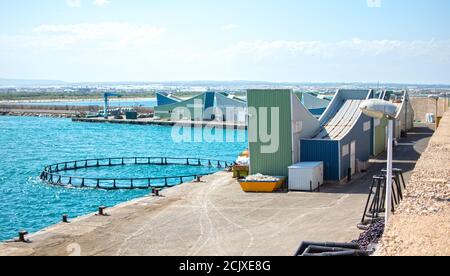 Struttura dell'allevamento ittico presso il molo di San Pedro a Murcia, Spagna. Foto Stock