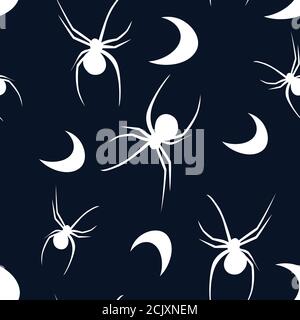 Modello vettoriale senza cuciture in bianco e nero con ragni e luna. Illustrazione Vettoriale