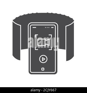 videocamera panoramica a 360 gradi sullo smartphone icona glifo nero. Tecnologia innovativa. Pittogramma per pagina web, app mobile, promo. PROGETTAZIONE GUI UI UX Illustrazione Vettoriale