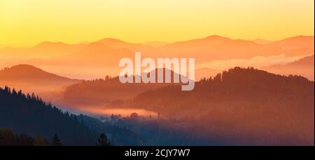 Paesaggio con bellissime montagne, campi e foreste ricoperti di nebbia mattutina. Panorama con interessante alba illumina i dintorni. Fantastico Foto Stock