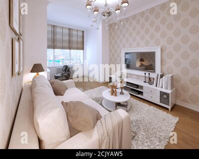 Living in a modern style with elements of Art Deco. Media System and a TV in a white frame on the wall. Beige brown wallpaper patterned with classical Foto Stock