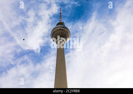 La torre della televisione di Berlino su Alexanderplatz fotografò contro il cielo con un piccione in volo Foto Stock