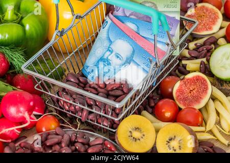 Cestino con denaro cileno, prodotti alimentari, verdure e frutta. Il concetto di inflazione, di aumento dei prezzi e di cibo più costoso Foto Stock