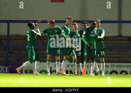 ROCHDALE, INGHILTERRA. 15 SETTEMBRE 2020 Mercoledì di Sheffield Elias Kachunga festeggia il punteggio per renderlo 1-0 durante la seconda partita di Carabao Cup tra Rochdale e Sheffield Mercoledì allo Spotland Stadium, Rochdale. (Credit: Chris Donnelly | MI News) Credit: MI News & Sport /Alamy Live News Foto Stock