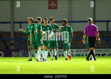 ROCHDALE, INGHILTERRA. 15 SETTEMBRE 2020 Mercoledì di Sheffield Elias Kachunga festeggia il punteggio per renderlo 1-0 durante la seconda partita di Carabao Cup tra Rochdale e Sheffield Mercoledì allo Spotland Stadium, Rochdale. (Credit: Chris Donnelly | MI News) Credit: MI News & Sport /Alamy Live News Foto Stock