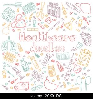 Una serie di doodles Haelthcare disegnati a mano Illustrazione Vettoriale