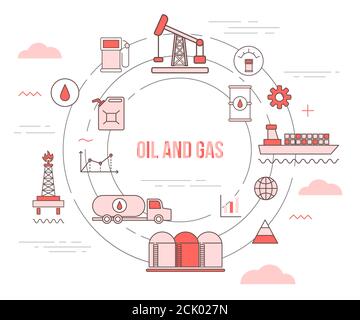 concetto di business dell'industria petrolifera e del gas con modello di set di icone banner con moderno stile arancione Illustrazione Vettoriale