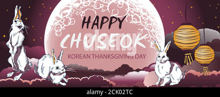 Happy Thanksgiving Day in Corea, il nome della vacanza è scritto in cinese parole, elementi disegnati a mano di Happy Chuseok-metà autunno piena luna festi Illustrazione Vettoriale