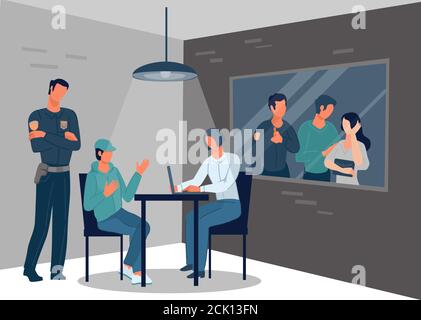 Interrogatorio di colpevoli o indagini di polizia sul crimine in sala investigativa. Illustrazione Vettoriale