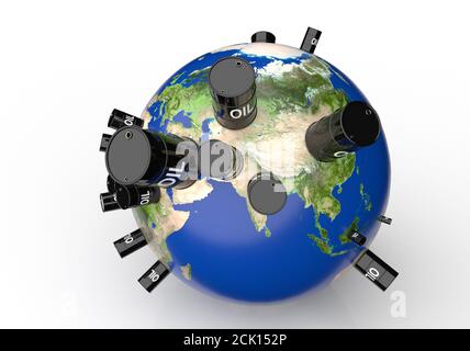 Distribuzione di giacimenti di petrolio rappresentati sulla terra del pianeta e barili di petrolio. illustrazione 3d Foto Stock