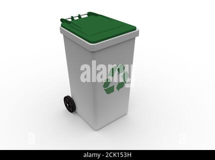 Contenitore in plastica per rifiuti di diversi tipi. Concetto di gestione del riciclaggio dei rifiuti. illustrazione 3d Foto Stock