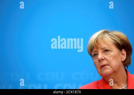 German Chancellor and chairwoman of the Christian Democratic Union (CDU) Angela Merkel addresses a news conference in Berlin, Germany September 19, 2016.    REUTERS/Fabrizio Bensch