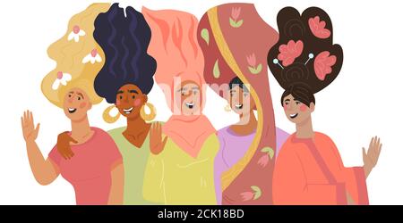 Gruppo di donne o ragazze multietniche diverse. Illustrazione Vettoriale