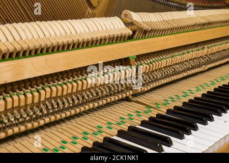 Le lavorazioni interne di un pianoforte verticale che mostra le corde e i martelli all'interno. Foto Stock