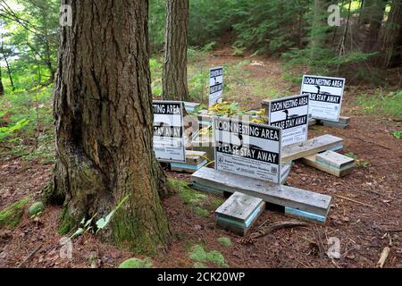 Area protetta di nidificazione dei looni con segnali di avvertimento nella foresta Di Lowell Lake state Park.Londonderry.Vermont.USA Foto Stock