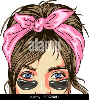 Idrogel cosmetico Black Pearl per gli occhi. Collagene Patches. Bella ragazza tiene macchie nere sulla sua faccia sotto i suoi occhi. Maschera di collagene. Cucina coreana Illustrazione Vettoriale