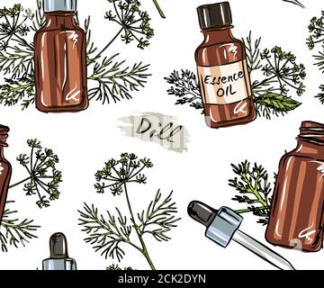 Erbe disegnate a mano Dill modello senza giunture con bottiglie con oli essenziali: Olio essenziale Olii essenziali cosmetici, profumati e terapeutici, oggetti su A. Illustrazione Vettoriale