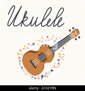 Fumetto ukulele con testo scritta per l'estate, musica poster modello di design. Illustrazione Vettoriale