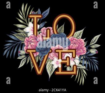 La parola 'amore', fiancheggiata da fiori e foglie. Biglietto d'auguri per San Valentino. Tutto che dobbiate è citazione di amore con i fiori disegnati a mano e le lettere. Illustrazione Vettoriale