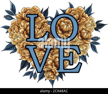 La parola 'amore', fiancheggiata da fiori e foglie. Cartoncino floreale Vector cute modificabile su sfondo bianco. Invito al matrimonio. Giorno di San Valentino saluto ca Illustrazione Vettoriale