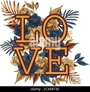 La parola 'amore', fiancheggiata da fiori e foglie. Cartoncino floreale Vector cute modificabile su sfondo bianco. Invito al matrimonio. Giorno di San Valentino saluto ca Illustrazione Vettoriale