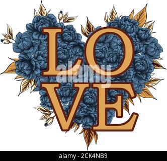 La parola 'amore', fiancheggiata da fiori e foglie. Cartoncino floreale Vector cute modificabile su sfondo bianco. Invito al matrimonio. Giorno di San Valentino saluto ca Illustrazione Vettoriale