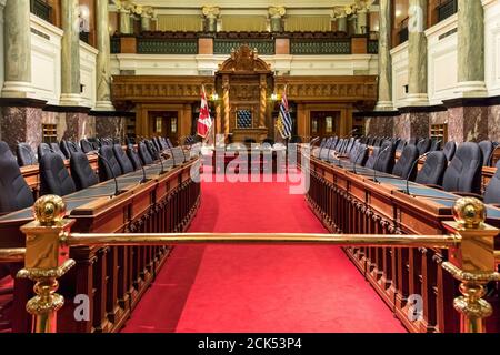 Interno della Camera legislativa Provinciale della Columbia Britannica a Victoria, BC, Canada Foto Stock