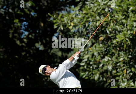 Hideki Matsuyama of Japan hits off the 11th tee in second round play during the 2017 Masters golf tournament at Augusta National Golf Club in Augusta, Georgia, U.S., April 7, 2017. REUTERS/Mike Segar