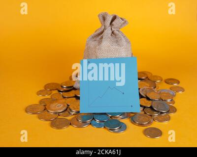 borsa di denaro con monete su sfondo giallo Foto Stock