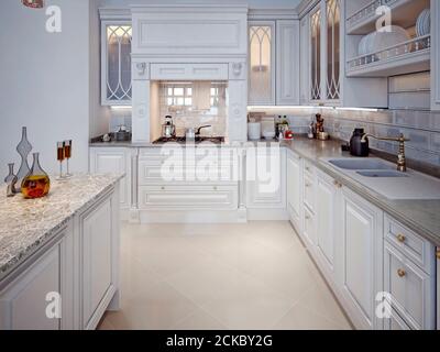 Lussuosa cucina bianca in stile classico. Rendering 3D. Foto Stock
