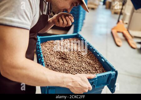 Bell'uomo giovane che puzzava di chicchi di caffè tostati Foto Stock