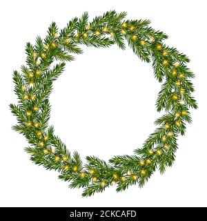 Corona di rami di abeti con luminosa ghirlanda. Cornice di Natale con luci incandescenti per il saluto di Capodanno e cartoline di Natale, banner, inviti Foto Stock