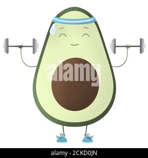 illustrazione dell'allenamento all'avocado. carino personaggio cartoon con manubri. forma fisica e stile di vita sano. allenamento all'avocado. Foto Stock