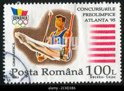 ROMANIA - CIRCA 1995: Francobollo stampato dalla Romania, mostra ginnastica, circa 1995. Foto Stock