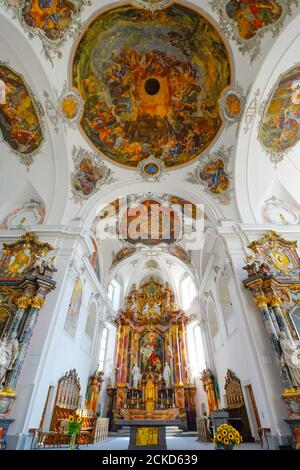 Soffitti a navata centrale dipinti nella chiesa parrocchiale cattolica di San Martino con Kerchel e Heiligkreuz Cappella nella città di Schwyz. La capitale della cant Foto Stock