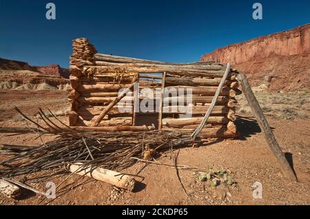 Rovine di una cabina a Fort Bottom, zona di White Rim Road, Island in the Sky, Canyonlands National Park, Utah, USA Foto Stock