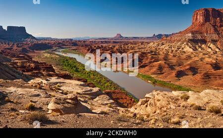 Green River nell'area di Potato Bottom, vista da Fort Bottom Trail, zona di White Rim Road, Island in the Sky, Canyonlands National Park, Utah, USA Foto Stock